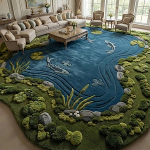 Puede incluir: Una alfombra grande y personalizada que representa una escena de estanque. La alfombra presenta un estanque azul con peces koi, nen&uacute;fares y un borde verde y herboso con musgo y rocas. Un art&iacute;culo de decoraci&oacute;n del hogar &uacute;nico.