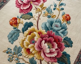 Luxury Floral Hand Tufted Wool Rug, Vintage Peony Area Rug, Handmade Botanical Carpet, Elegant Living Room Bedroom Decor soft natural rug