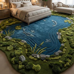 Puede incluir: Una alfombra grande, hecha a medida, dise&ntilde;ada para parecerse a una escena de estanque. La alfombra presenta una zona central azul con peces y nen&uacute;fares, rodeada de elementos verdes texturizados que imitan la hierba, las rocas y las plantas acu&aacute;ticas. La alfombra est&aacute; en un dormitorio.