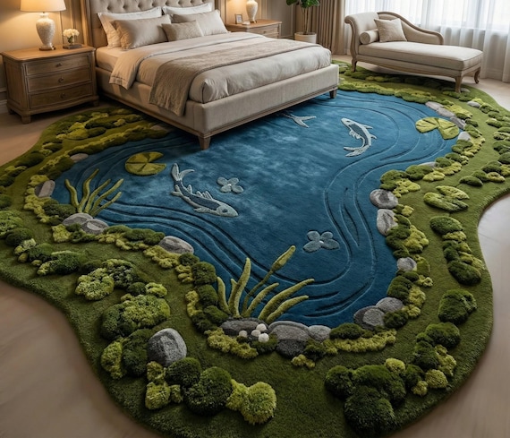 3D Koi Pond Tufted Rug, Moss Lake Area Rug, Nature Inspired Handmade Carpet, Japanese Zen Floor Rug, Organic Shape Moss Rug, Luxury Rug