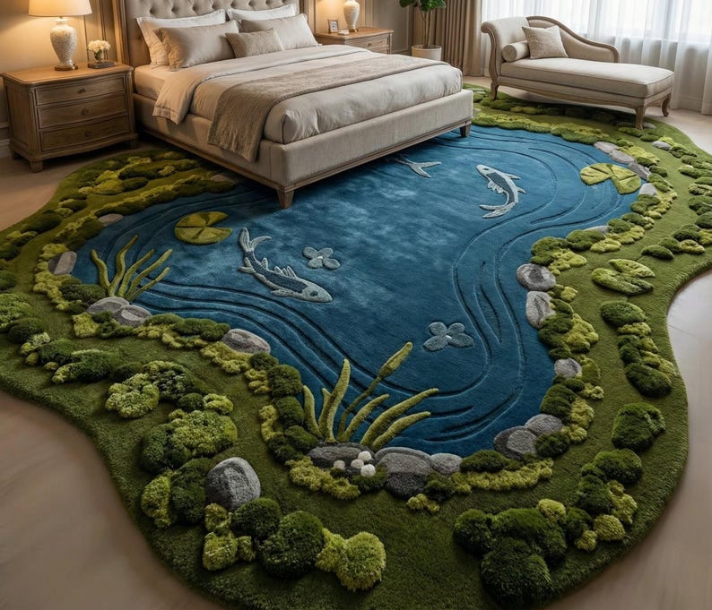 Puede incluir: Una alfombra grande, hecha a medida, dise&ntilde;ada para parecerse a una escena de estanque. La alfombra presenta una zona central azul con peces y nen&uacute;fares, rodeada de elementos verdes texturizados que imitan la hierba, las rocas y las plantas acu&aacute;ticas. La alfombra est&aacute; en un dormitorio.