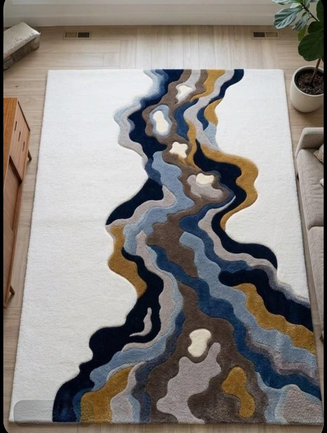 Luxury Abstract River Flow Area Rug – Modern Blue Gold Wave Carpet for ...