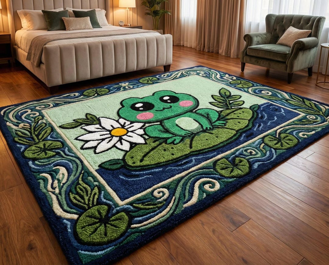 Whimsical Frog on Lily Pad Tufted Area Rug – Plush Cottagecore Bedroom ...