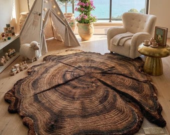 Alfombra rústica con diseño de anillos de árbol, alfombra con diseño de rodajas de madera, alfombra de piso inspirada en la naturaleza, alfombra con diseño de tronco cortado, decoración de bosque, alfombra de sala de estar con forma orgánica