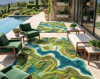 3D Topographic Landscape Rug: Moss Green, River Blue Organic Area Carpet hand made rug living room decor bedroom rug Nature rug Tufted rug