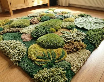 Hand-Tufted Wool Rugs – 3D Botanical Garden, Green Moss Carpet bed room rugs living room rug hand made rugs soft natural rugs Sage rugs