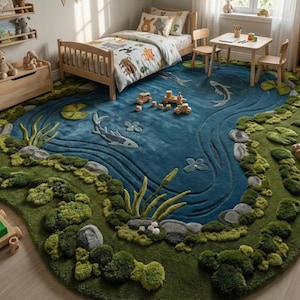 Puede incluir: Un dormitorio infantil caprichoso con una alfombra azul y verde dise&ntilde;ada como un estanque con peces y nen&uacute;fares. La habitaci&oacute;n incluye una cama de madera, una mesa peque&ntilde;a y sillas, y una estanter&iacute;a. Coches y bloques de juguete de madera est&aacute;n esparcidos sobre la alfombra.