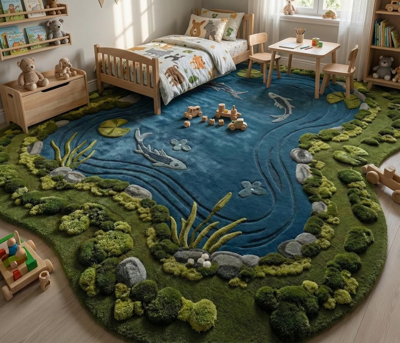 Puede incluir: Un dormitorio infantil caprichoso con una alfombra azul y verde dise&ntilde;ada como un estanque con peces y nen&uacute;fares. La habitaci&oacute;n incluye una cama de madera, una mesa peque&ntilde;a y sillas, y una estanter&iacute;a. Coches y bloques de juguete de madera est&aacute;n esparcidos sobre la alfombra.