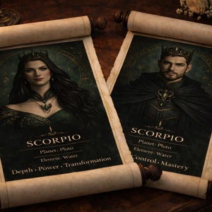 May include: Two rolled scrolls with illustrations of a man and woman, both wearing crowns. The scrolls feature the word "SCORPIO" and text about the planet Pluto and the element Water. The scrolls are on a dark wooden surface.
