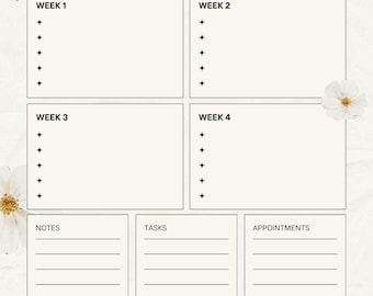 Op de afbeelding: Crèmekleurige maandplanner met bloemaccenten. Voorzien van secties voor wekelijkse planning, notities, taken en afspraken. Inclusief ruimte voor naam, maand en jaar. De planner heeft de tekst "Monthly Planner" en de quote "Just keep moving forward."
