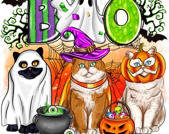 Boo ghost cats png, Halloween cat costume png, Spooky kitty illustration png, Cute halloween cats png, Sublimation design