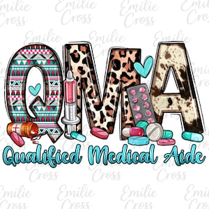 May include: A graphic design featuring the letters "QMA" with medical-themed elements. The "Q" is patterned with teal, red, and white geometric shapes. The "M" has a leopard print, and the "A" has a cowhide pattern. The words "Qualified Medical Aide" are written in teal.