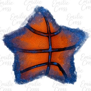 May include: A star-shaped graphic featuring a basketball design. The basketball is orange with black lines, set against a blue, glittery border. The design has a textured appearance, with a white background.