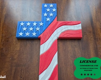 American Flag Cross Religious Decor, Wood Grain Patriotic  - 3D Printing - Blender Modeling - BambuLab - Limited Edition, Only Few Left.