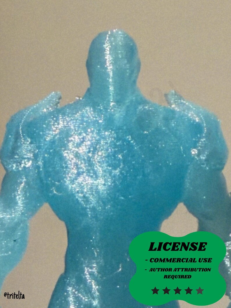 May include: A light blue figurine of a muscular figure, viewed from the back. The figure has broad shoulders and a smooth, textured surface. A green oval with the word "LICENSE" and other text is in the lower right corner.