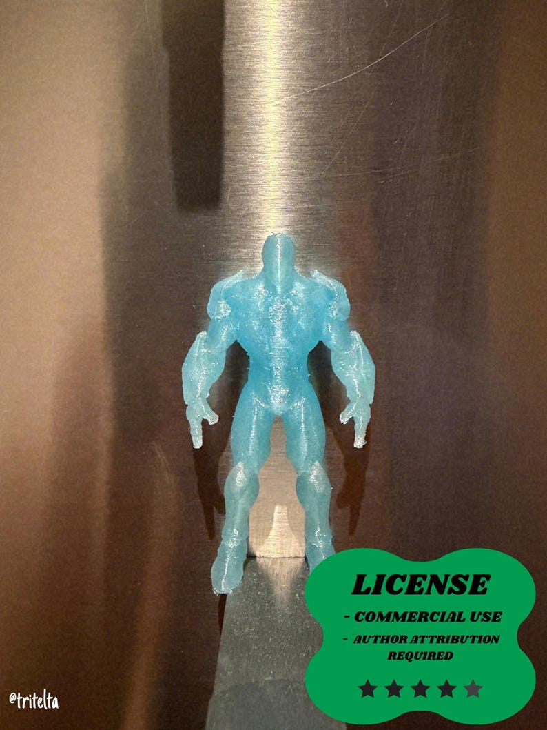 May include: A translucent blue figurine of a muscular figure. The figure is standing upright with arms at its sides. A green graphic with the word "LICENSE" and other text is in the lower right corner. The artist's name, "@tritelta", is in the lower left corner.
