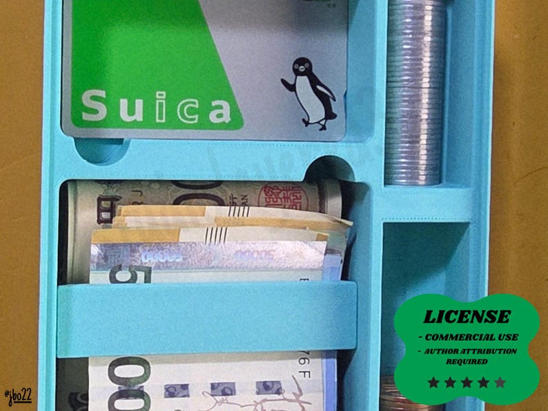 This digital render shows a Gridfinity Card Holder and Cash Organizer for a desk. The model features dedicated slots for credit cards, a deep bin for paper currency, and tiered sections for loose change. It is a sleek, functional coin tray designed with precise geometry for modular workshop storage.