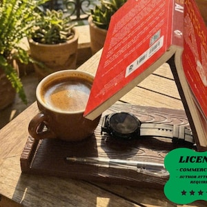 May include: A brown ceramic coffee cup filled with coffee sits on a wooden tray next to a watch, pen, and a red book. The book is propped open, creating a triangular shape. The scene is set outdoors with plants in the background.