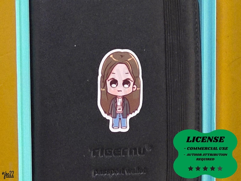 May include: A sticker of a cartoon character with brown hair, wearing a jacket, shirt, and jeans. The sticker is on a black passport wallet. A green sticker with the text "LICENSE - COMMERCIAL USE - AUTHOR ATTRIBUTION REQUIRED" is in the bottom right corner.