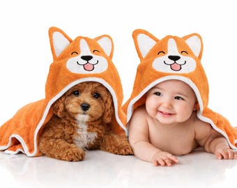 Corgi Dog Hooded Towel | All Ages | Pets & Humans | Organic Fabric | Orange | FREE Washcloth