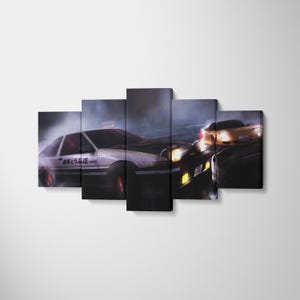 May include: A five-panel canvas art piece depicting two cars drifting on a dark road. One car is white with Japanese text, the other is yellow. The scene is shrouded in smoke, with headlights illuminating the road.