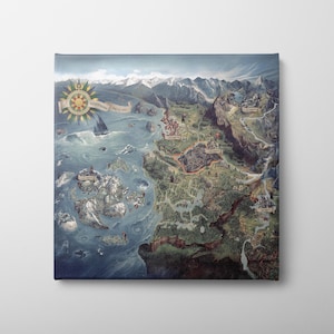 May include: A canvas print of a detailed map of the Northern Realms, featuring a compass rose, mountains, and coastal regions. The map is rendered in a vintage style with a color palette of blues, greens, and browns. The text "Northern Realms" is displayed on a banner.