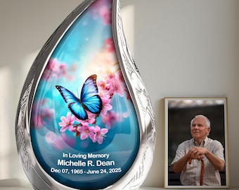 Personalized Butterfly Cremation Urn, Blue Memorial Urn for Ashes, Custom Funeral Urn, Pink Flower Mom Urn, Sympathy Gift, Remembrance Decor