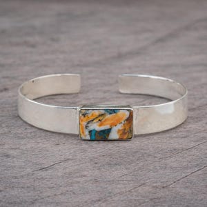 Spiny Oyster Turquoise Sterling Silver Cuff Bracelet, Rectangular Orange Blue Boho Bangle