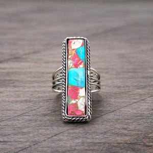 Sterling Silver Cotton Candy Turquoise Statement Ring, Boho Pink Blue Gemstone Vertical Bar
