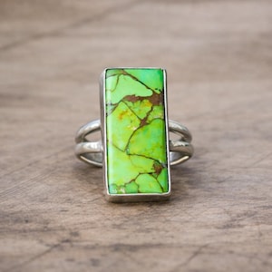 May include: A rectangular ring with a vibrant green stone, featuring brown veining, set in a silver band. The ring has a double-band design for added detail. The stone's bright color contrasts with the silver setting.