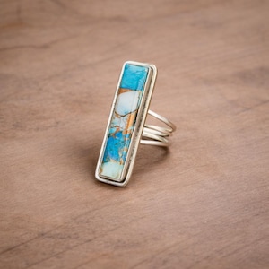 Handmade Sterling Silver Turquoise Bar Ring, Rectangular Boho Statement Jewelry