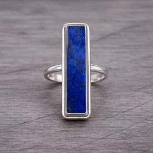 Lapis Lazuli Vertical Bar Statement Ring, Sterling Silver Minimalist Jewelry