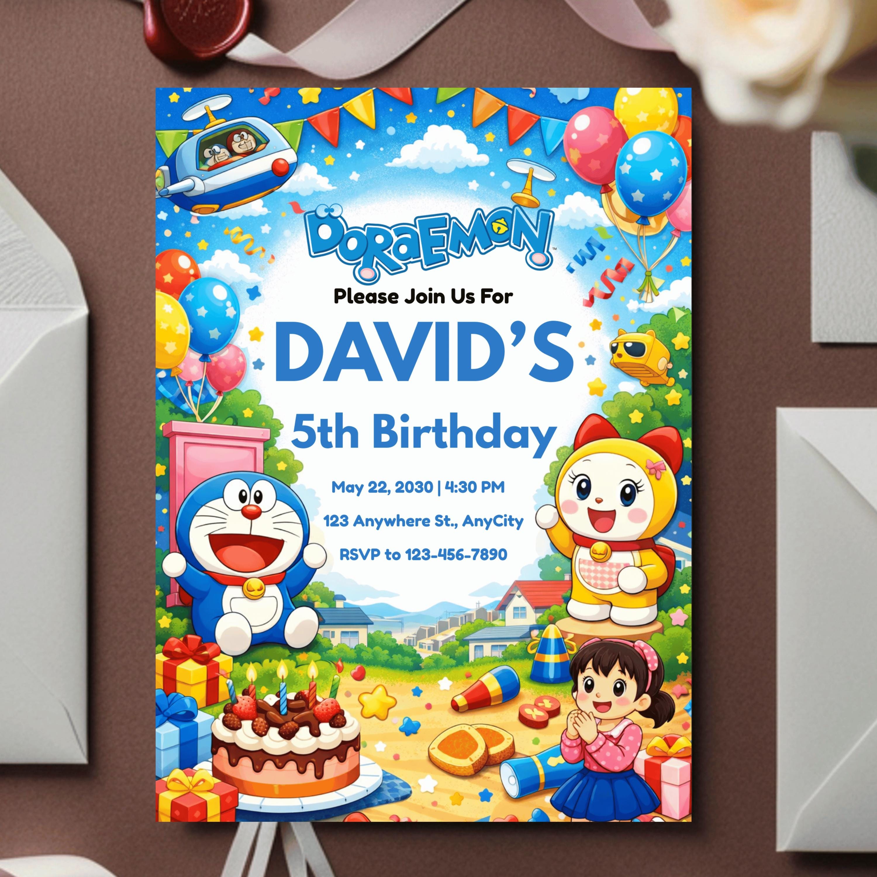 Doraemo Templet Editable Doraemon Birthday Invitation Template | Printable Canva ...