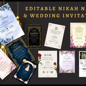 May include: A collection of editable Nikah Nama and wedding invitation templates. Designs include floral, ornate, and modern styles. The invitations feature various color schemes, including blue, gold, and floral accents, with text that reads "Save the Date" and "Welcome to our wedding party."