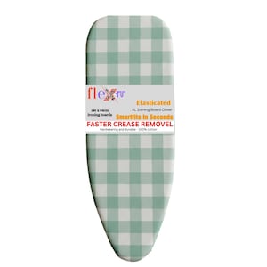Könnte beinhalten: Ein Bügelbrettbezug mit grün-weißem Karomuster. Der Bezug ist mit "Elasticated XL Ironing Board Cover" und "Faster Crease Removal" beschriftet. Maße: 145 cm x 54 cm.