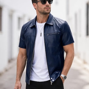 Men's Navy Blue Leather Zip-Up Shirt Jacket – Short Sleeve Tailored Fit