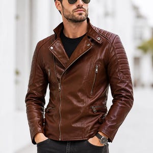 Men's Brown Leather Biker Jacket | Slim Fit Motorcycle Coat | Stylish Outerwear For Men