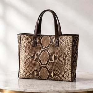 May include: A structured tote bag featuring a brown and beige snakeskin pattern. The bag has two dark brown top handles, a rectangular silhouette, and dark brown trim along the edges, providing a clear view of the textured reptilian print.