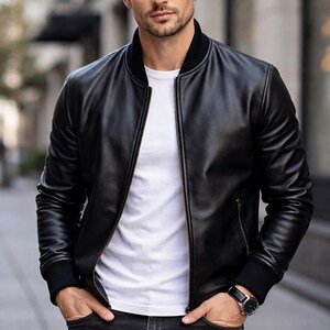 May include: A black leather bomber jacket with a black ribbed collar and cuffs. The jacket is zipped up and worn over a white t-shirt. The person is wearing a watch and dark jeans.