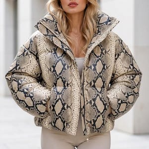 Women's Python Print Puffer Jacket | Oversized Snake Pattern Winter Coat