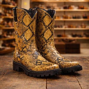 luxury snake print leather cowboy boot for men - Luxury Shoes