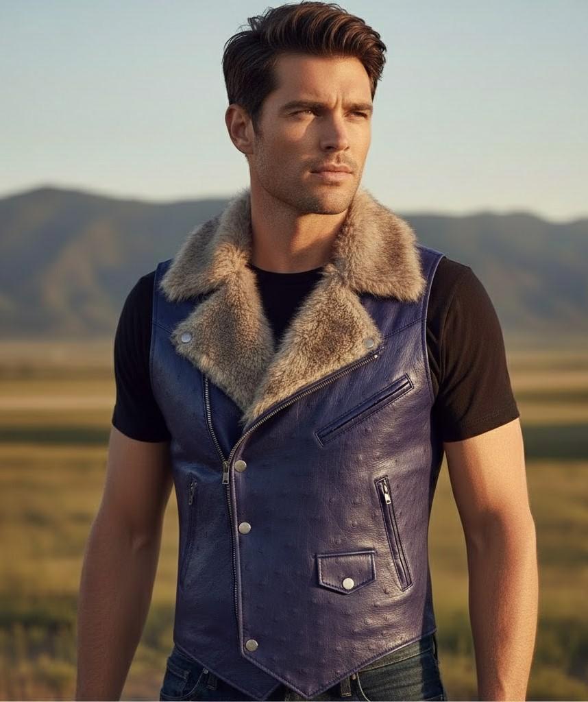 Ostrich Leather Vest With Faux Fur Collar – Men's Slim Biker