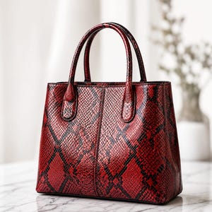 Peut inclure: Un sac à main structuré avec un motif en peau de serpent rouge et noir. Le sac possède deux poignées supérieures, une couture verticale au centre du panneau avant et une forme trapézoïdale avec une base large qui se rétrécit vers le haut.