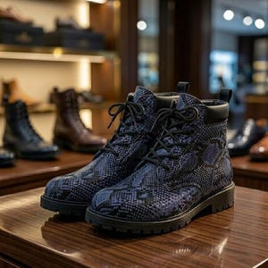 Botas artesanais em couro de píton: Botas de pele de cobra pretas e azul-marinho
