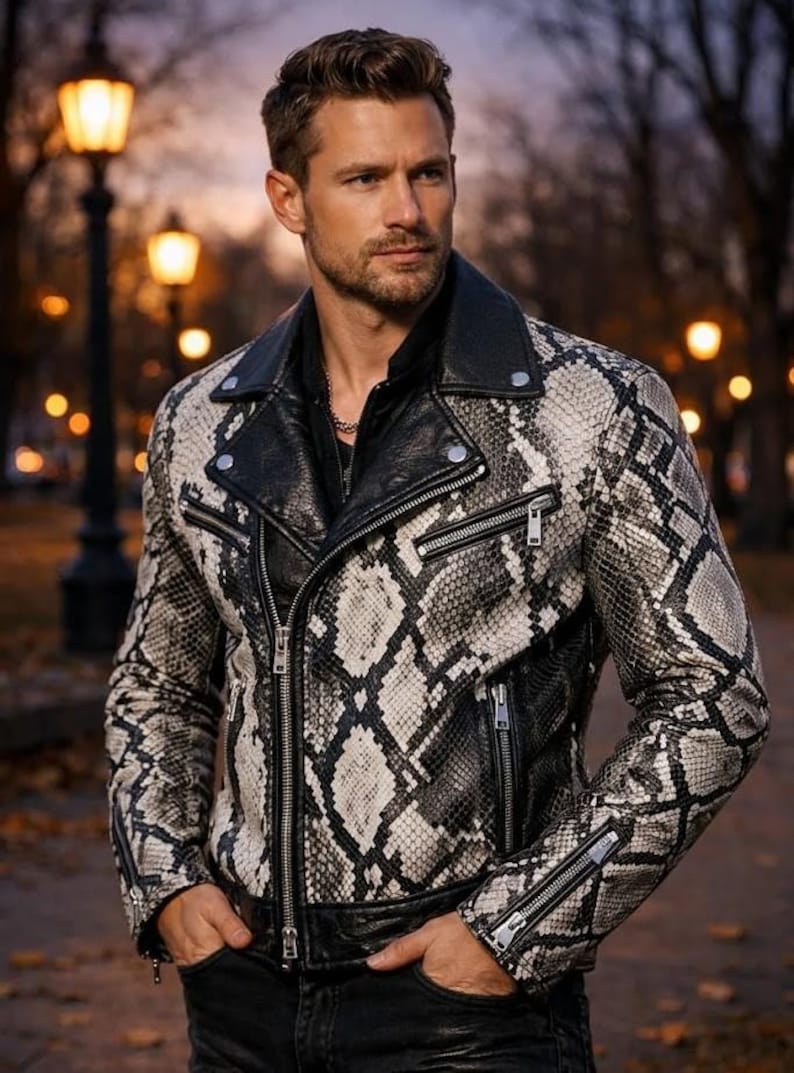 May include: A black and white snakeskin-patterned leather jacket with a black collar and zippers. The jacket has a classic biker style with a notched lapel and multiple pockets. The jacket is worn over a black shirt.