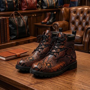 Python Leather Boots For Men , Black And Brown Snakeskin Luxury Boots