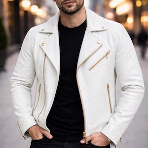 Chaqueta de cuero blanca para hombre, prenda de abrigo de lujo, abrigo de motorista.