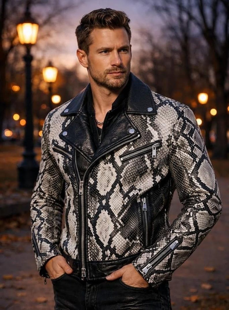 May include: A black and white snakeskin-patterned leather jacket with a black collar and zippers. The jacket has a classic biker style with a notched lapel and multiple pockets. The jacket is worn over a black shirt.
