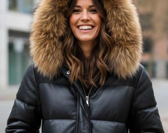 Black Puffer Jacket  Women's Genuine Leather Bomber with Fox Fur Hood Outwear