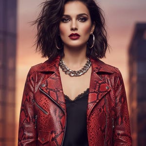 Könnte beinhalten: Eine Frau trägt eine rote Lederjacke mit Schlangenmuster, ein schwarzes Oberteil und eine silberne Halskette. Sie hat dunkles Haar, Creolen und roten Lippenstift. Der Hintergrund ist verschwommen mit warmen Farbtönen.